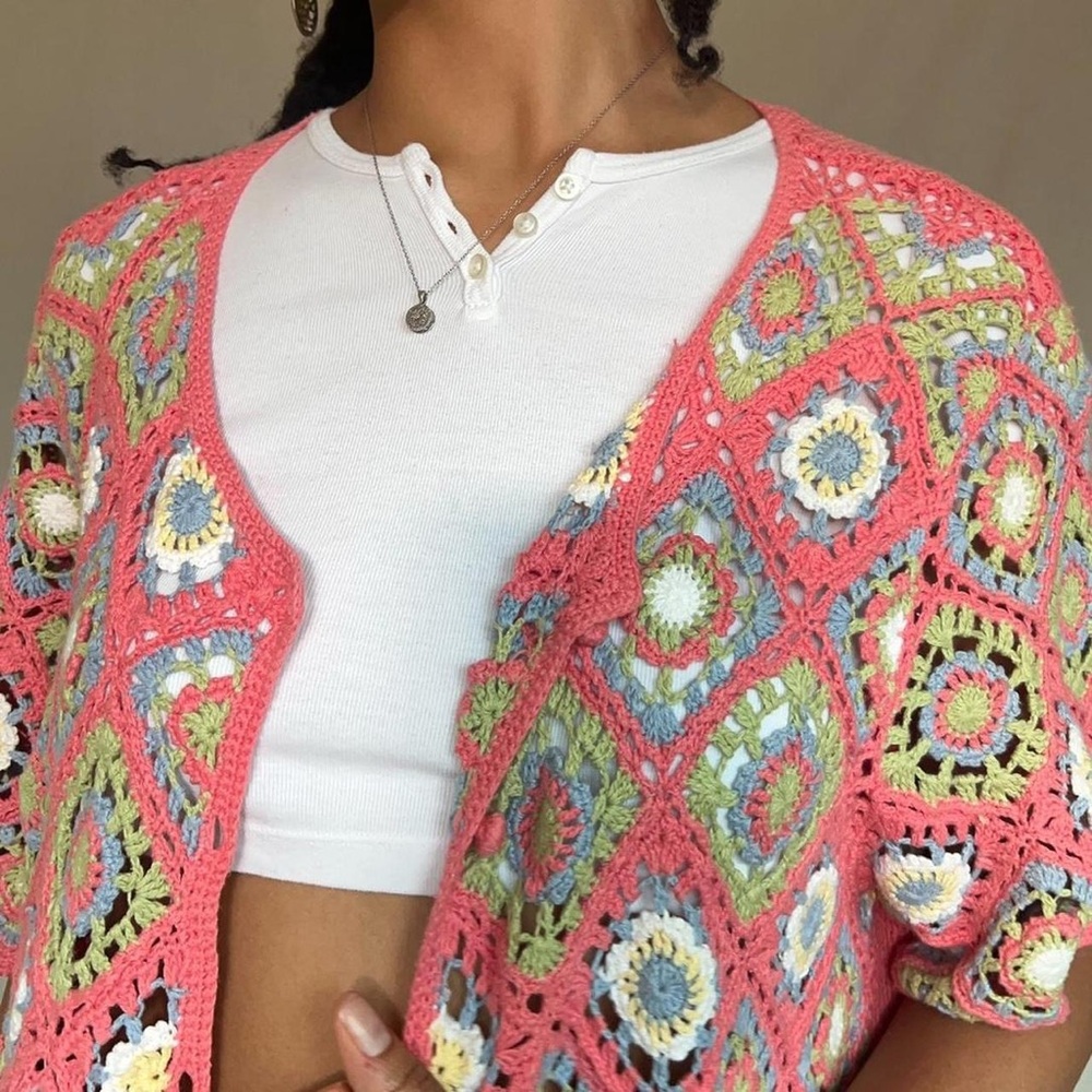 Vintage pink crochet short sleeve cardigan, BFA classics, Sz. 1X - Picture 6 of 8